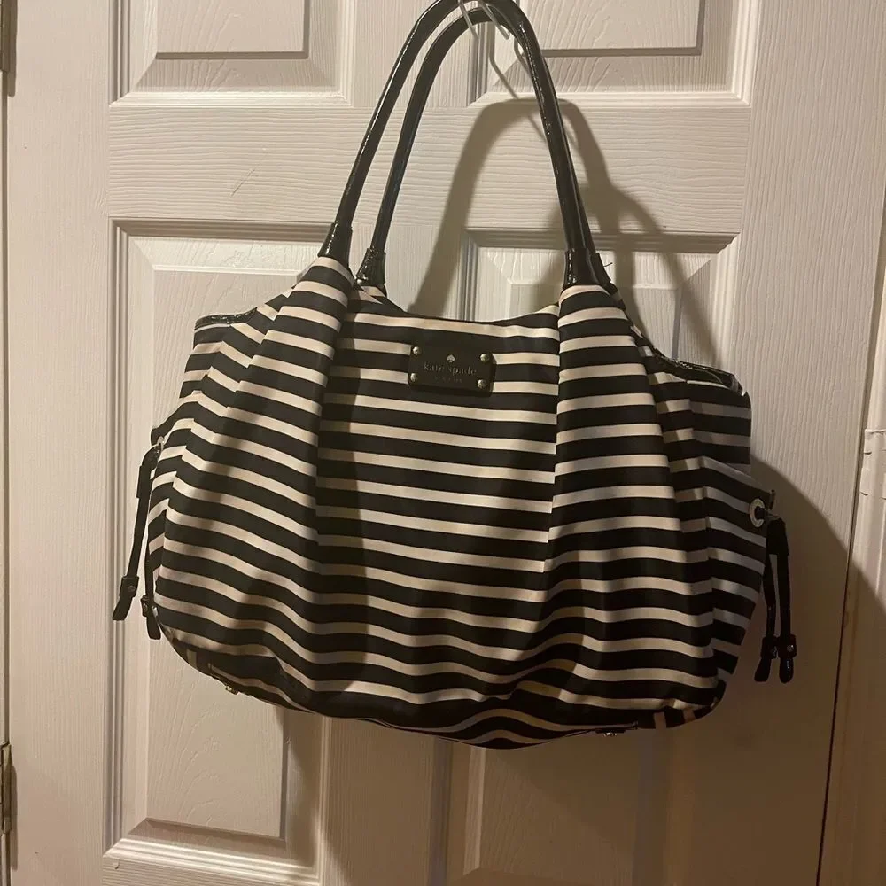 Kate Spafe large black & white striped Nylon diaper bag/travel bag